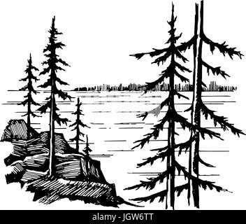 Paysage avec lac et Epicéa fores Illustration de Vecteur