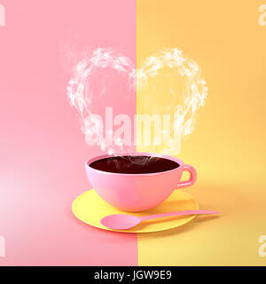 Aime le café. La vapeur en forme de coeur passant d'une tasse de café chaud dans la région de rose pastel et jaune. 3D illustration Banque D'Images