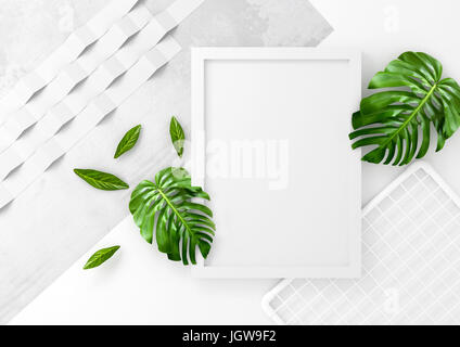 Propre et un minimum d'espace publicitaire avec un cadre photo Blanc et feuilles vertes. Illustration 3D rendu. Banque D'Images