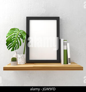 Cadre photo noir sur la maquette d'une planche en bois avec décorations. Illustration 3D rendu. Banque D'Images