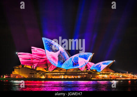 Sydney, Australie - 14 juin 2017 : opéra de Sydney comme peint de couleurs vives, méduses, pieuvres par faisceaux de lumière vive pendant les projections Sydney 2017 lig Banque D'Images