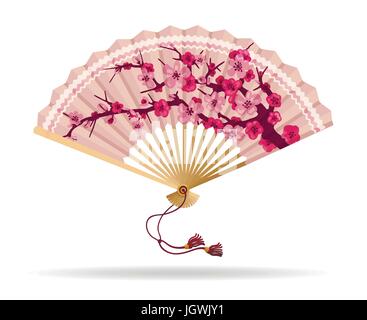 Fleur de cerisier du Japon ventilateur pliant vector illustration. Ventilateur japonais Sakura avec motif de la direction générale, souvenir Geisha isolated on white Illustration de Vecteur