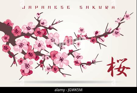 Le Japon cherry blossom tree branches illustration vectorielle. Carte d'invitation japonais avec asian blossoming plum branch Illustration de Vecteur