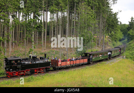 Wernigerode, Allemagne. 5 juillet, 2017. Un train à voie étroite Harzer Schmalspurbahnen exploité par GmbH fait son chemin à travers les montagnes du Harz près de Wernigerode, Allemagne, 5 juillet 2017. La locomotive, d'un maillet 99, 5901 est la plus ancienne locomotive à vapeur opérationnel en Allemagne. Il est entré en service le 12 juillet 2017. Un événement spécial va célébrer son 120e anniversaire cette année sur le 12 juillet. Photo : Peter Gercke/dpa-Zentralbild/ZB/dpa/Alamy Live News Banque D'Images