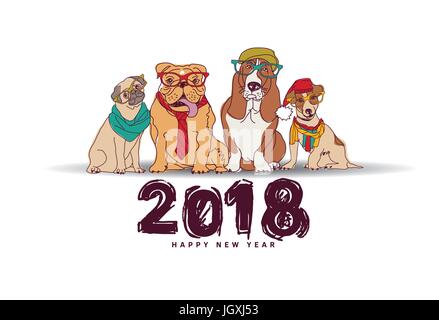 Doodles bonne année 2018 carte d'isoler les chiens blancs. Illustration de Vecteur