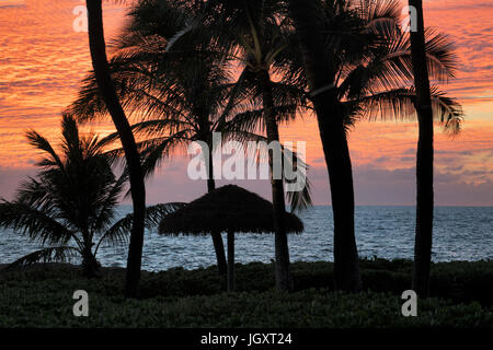 Parasol de plage et au coucher du soleil. Ko Olina, Oahu, Hawaii. Banque D'Images