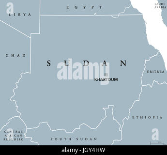 Carte politique du Soudan avec Capitale Khartoum et les frontières nationales. Au nord Soudan, République et pays arabe en Afrique du Nord. Gris illustration. Banque D'Images