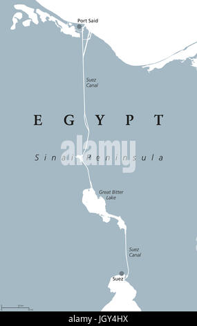 Carte politique du Canal de Suez. L'élévation du niveau de la voie navigable artificielle sur la péninsule du Sinaï en Egypte, reliant la mer Méditerranée et Mer Rouge. Gris illustration. Banque D'Images