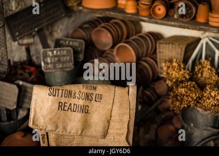 Still Life de divers outils de jardin et les pots de fleurs dans un abri de jardin pour l'affichage Banque D'Images