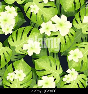 Feuilles de palmier monstera et motif fleurs d'hibiscus Illustration de Vecteur