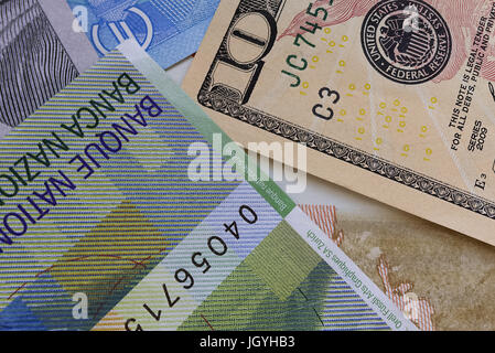 Abstract dollar euro et franc suisse contexte Banque D'Images