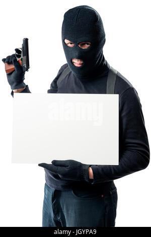 Un dangereux bandit armé tenant une inscription poster Banque D'Images
