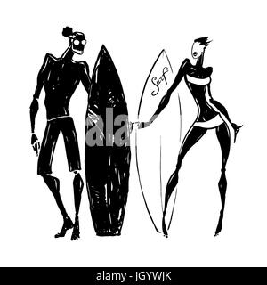 Surfer silhouettes de femme et l'homme. Illustration de Vecteur