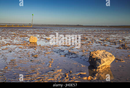 Golden Sunset Light sur la côte boueuse de Southend-on-Sea en Angleterre Banque D'Images