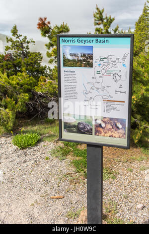 L'écran d'informations avec une carte des sentiers du bassin Retour à Norris Geyser Basin, Parc National de Yellowstone, Wyoming, USA Banque D'Images