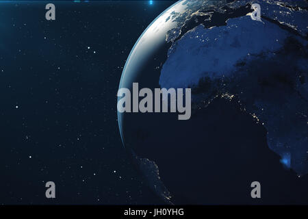 Le Rendu 3D de la planète Terre à partir de l'espace la nuit. Le Globe terrestre à partir de l'espace dans un champ stellaire montrant le relief et les nuages des éléments de cette image fu Banque D'Images