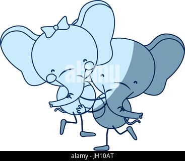 Dégradé de couleurs bleu silhouette caricature avec couple d'éléphants l'un portant l'autre amour animaux Illustration de Vecteur