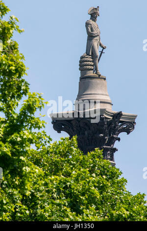 La statue de Vice-amiral Horatio Nelson sur haut de Nelsons Column, vu du Mall à Londres, au Royaume-Uni. Banque D'Images