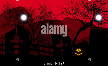 Concept d'Halloween avec des citrouilles cimetière sur rouge. 3d illustration Banque D'Images