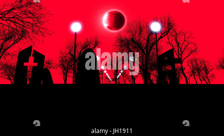 3d illustration de cimetière brumeux avec lighting et la lune rouge sur fond de ciel. Banque D'Images