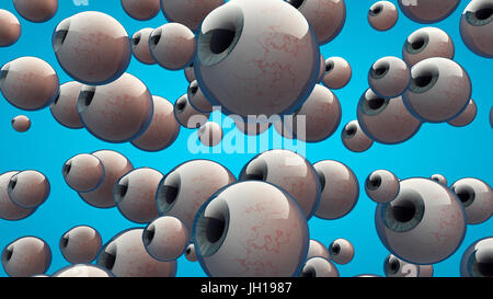 Un groupe de globes oculaires avec différentes tailles et fond bleu clair. Big Brother vous surveille ! Le rendu 3d. Banque D'Images