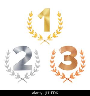 Trophy vecteur. Award. Les figures 1, 2, 3 Un, Deux, trois en Or Argent Bronze réaliste une couronne de laurier. Trophée de vainqueur. Illustration isolé Illustration de Vecteur