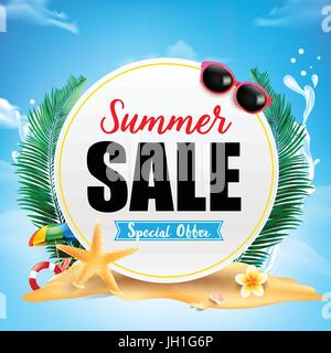 Plage de sable sur le flou de la mer et du ciel avec la lumière du soleil flare et copyspace abstract background vector illustration Illustration de Vecteur