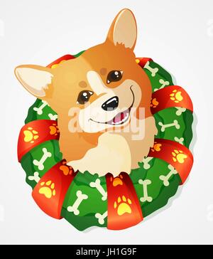 Mignon chien Welsh Corgi et couronne de Noël avec du ruban et des os, hand drawn vector illustration Illustration de Vecteur