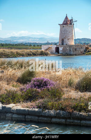 Sel et moulin de la faune à la réserve près de Culcasi, au sud de Trapani, sur la côte ouest de la Sicile, en Italie. Banque D'Images