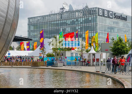 Glasgow, Scotland, UK - 1 août 2014 : La BBC Scotland siège à Pacific Quay à Glasgow. Banque D'Images