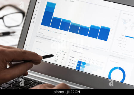 Krynica-Zdroj, Pologne - 11 juillet 2017 : l'utilisation de Google Analytics dans le bureau sur l'écran tactile de son ordinateur portable. Google Analytics est le mos Banque D'Images