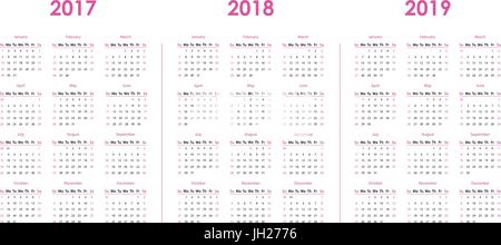 Modèle de calendrier pour 2017, 2018, 2019 Illustration de Vecteur