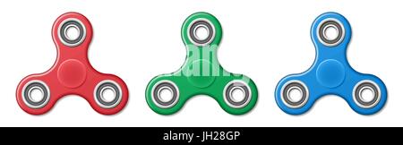 Ensemble de main fidget spinner toys - stress et soulagement de l'anxiété. Rouge, vert et bleu spinner jouets en plastique. Illustration de Vecteur