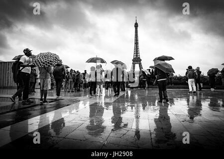 Réflexions de touristes sous la pluie au Palais de Chaillot à l'extérieur, vers la Tour Eiffel, Paris, France, Europe Banque D'Images