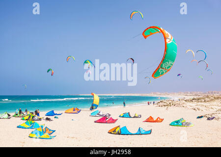 Kite surfeurs et kite surf sur la plage de Kite, Praia da Fragata, Costa da Fragata, Santa Maria, île de Sal, Cap-Vert, Atlantique Banque D'Images