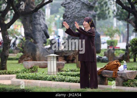 Woman practicing tai chi dans un parc. Le Vietnam. Banque D'Images