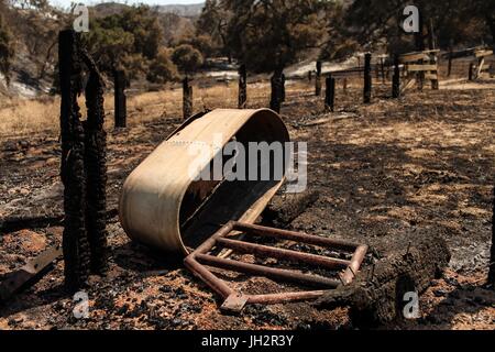 Goleta, Californie, USA. 12 juillet, 2017. Propriété brûlée est vu sur une zone contenue de l'incendie Whittier dans Santa Barbara County est de Goleta, Californie. L'incendie a atteint 48 pour cent comme le confinement du 12 juillet. Crédit : Joel Angel Juarez/ZUMA/Alamy Fil Live News Banque D'Images