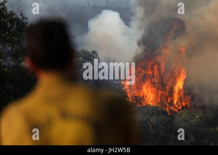 Goleta, Californie, USA. 12 juillet, 2017. Un pompier regarde un flanc de graver à la feu Sylva à Santa Barbara County est de Goleta, Californie. L'incendie Whittier est passé d'environ 700 à 11 920 acres et de confinement atteint 48 pour cent du jour au lendemain, Cal Fire dit. Crédit : Joel Angel Juarez/ZUMA/Alamy Fil Live News Banque D'Images