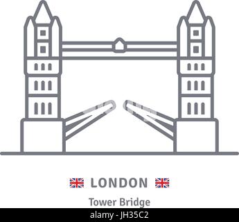 L'icône de la ligne de Londres. Le Tower Bridge et la Grande-Bretagne d'illustration vectorielle du pavillon. Illustration de Vecteur