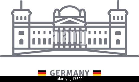 L'icône de la ligne de l'Allemagne. Le bâtiment du Reichstag et drapeau allemand vector illustration. Illustration de Vecteur