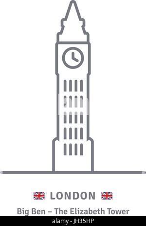 L'icône de la ligne de Londres. Big Ben et drapeau britannique vector illustration. Illustration de Vecteur