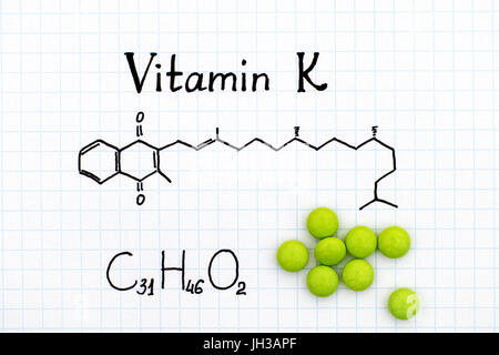 Formule chimique de la vitamine K et vert comprimés. Banque D'Images