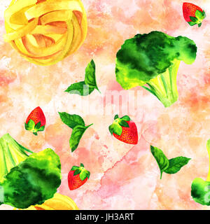 Un modèle uniforme de la nourriture végétalienne Aquarelle Dessins à thème. Feuilles de menthe, de fraise, de pousses de broccoli, et les nids de pâtes pappardelle, peintes à la main Banque D'Images