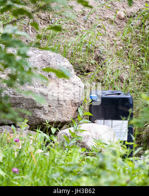 Récipient en plastique de taille industrielle contenant des déchets chimiques faisant l'objet caché dans la litière emplacement isolé dans la nature communiqué de modèle : N° des biens : Non. Banque D'Images