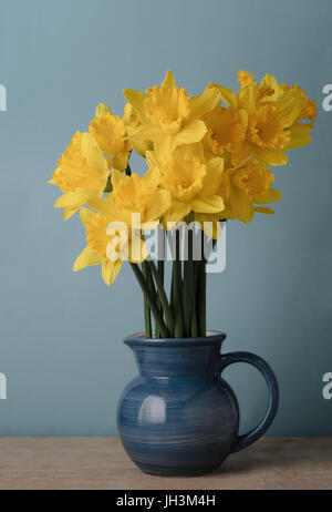 Jonquilles jaune vif en émail bleu pot sur table en bois avec fond bleu. Banque D'Images