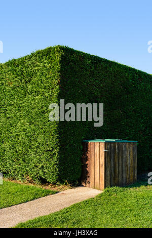 Une poubelle publique dans une boîte en bois contre une haie de cèdre sous un ciel bleu. Banque D'Images