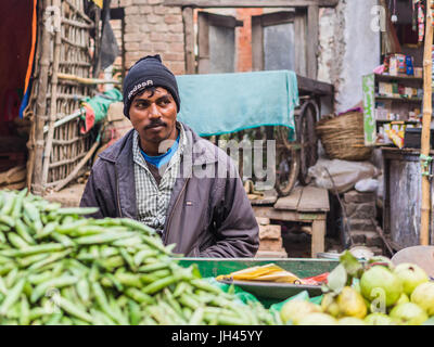 Varanasi, Inde - Circa Janvier 2016 - homme vente de légumes et fruits sur un marché Banque D'Images