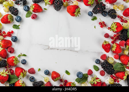Fruits et baies d'été. 6 types de matières agriculteur biologique - baies mûres bleuets Fraises Framboises Groseilles rouges groseilles. Sur whit Banque D'Images