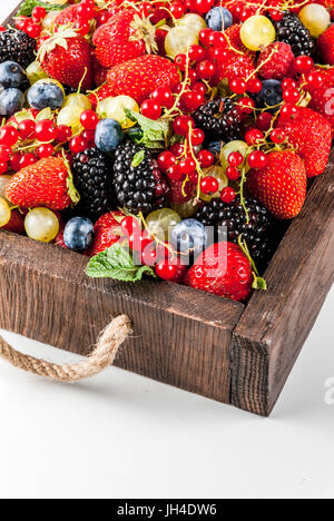 Fruits et baies d'été. 6 types de matières agriculteur biologique - baies mûres bleuets Fraises Framboises Groseilles rouges groseilles. M blanc Banque D'Images