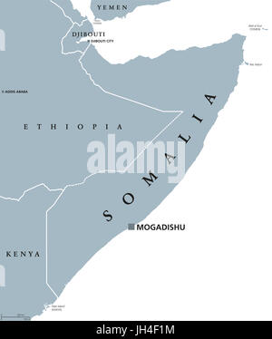 Carte politique de la Somalie avec capitale Mogadiscio. République fédérale et les pays de la Corne de l'Afrique. Littoral le long du golfe d'Aden et l'Océan Indien. Banque D'Images